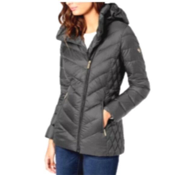 Michael Kors Down Fill Lined Asymmetric Zip Hooded Puffer Packable Jacket Gray S - Picture 1 of 16